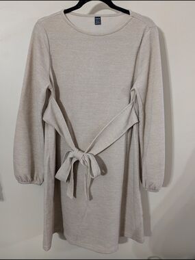Neutral Beige Tie-Waist Long Sleeve Knit Maternity Dress
